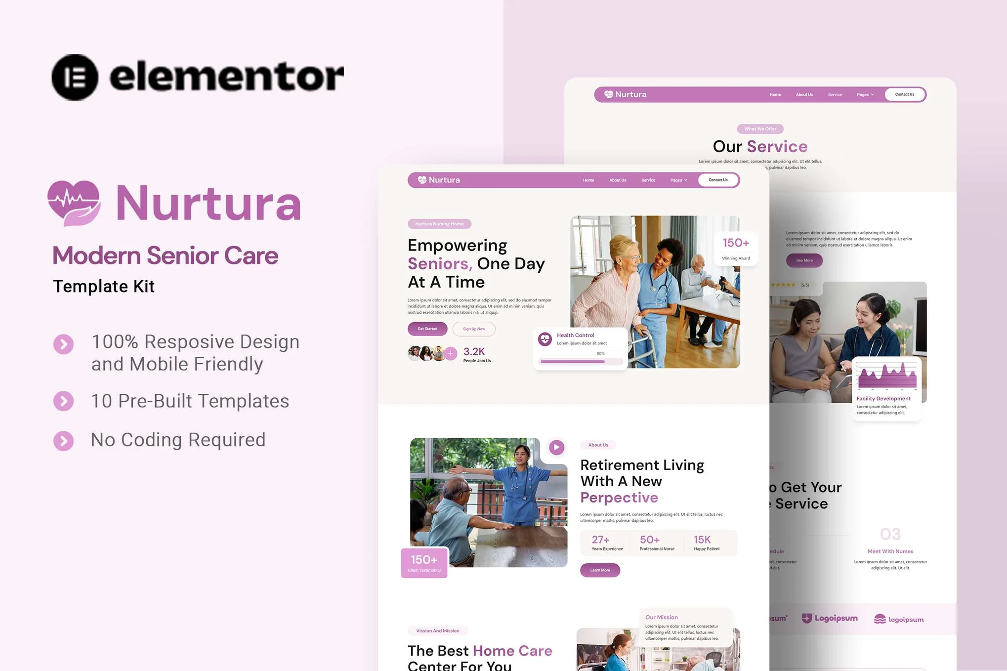 Nurtura – 现代老年护理 Elementor 模板套件-极客小站