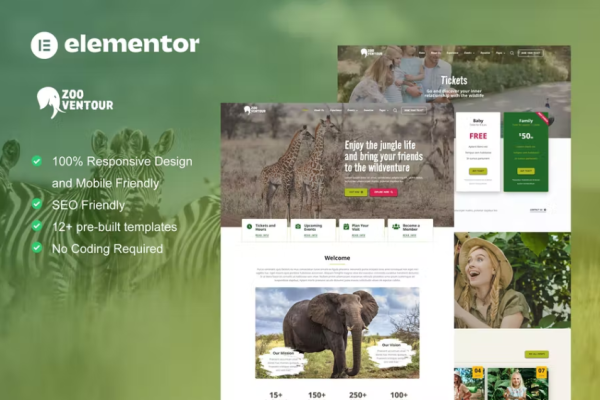 Zooventour – 野生动物园和动物园网站Elementor Pro 模板套件-极客小站