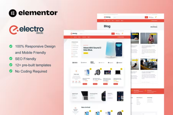 ElectroDeals – Woocommerce 电子商店 Elementor 模板套件-极客小站